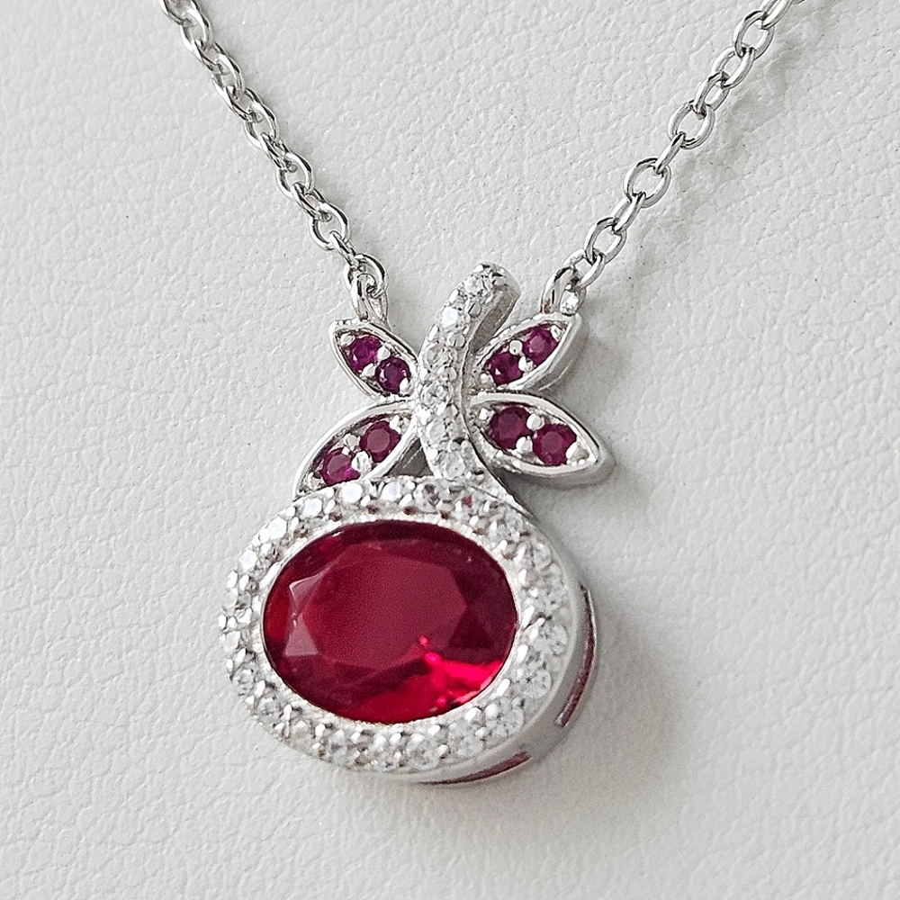 Red Ruby Oval Butterfly Necklace - 925 Sterling Silver Charmed Aroma